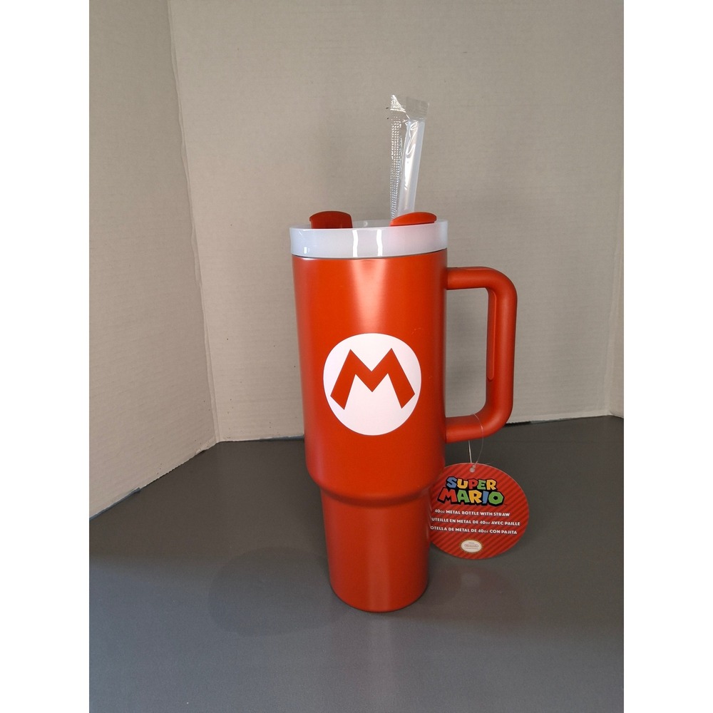 Nintendo Super Mario 40oz Metal Tumbler with Straw Red Insulated Travel Mug NEW